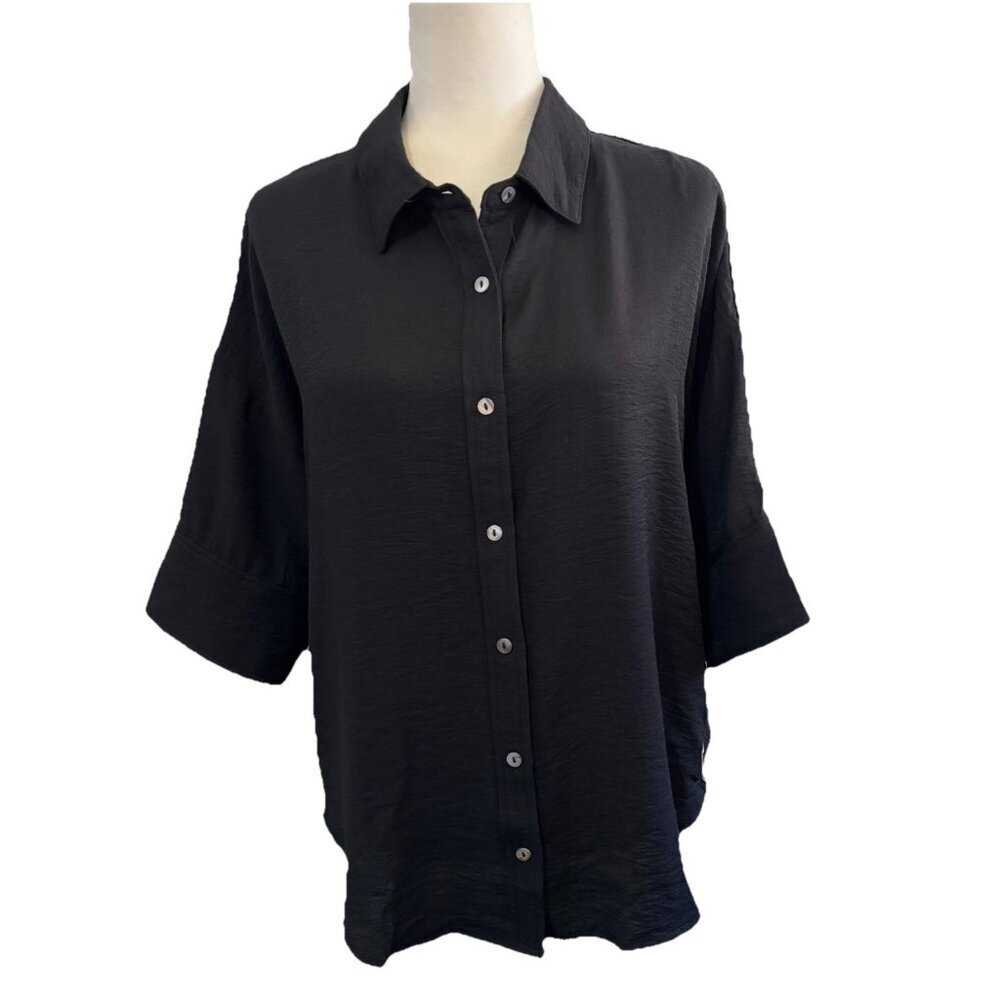 Entro Oversized Button Up Collared Shirt 3/4 Sleeve Black / Animal Print Sz Smal